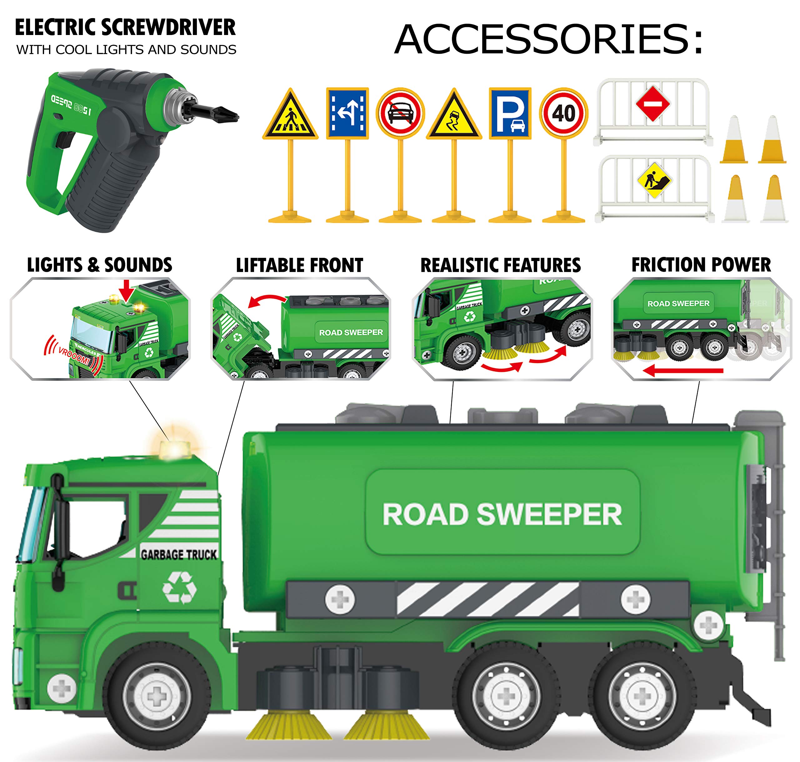 Street Sweeper Toy - 130 Pcs Friction Power STEM Take Apart Toys with Drill, Push & Go Lights & Sounds for Kids - Sanitation Trash Construction Vehicle Playset for Boys Ages 4 5 6 7 8 Years Old