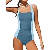 TyeSmo Girls Swimsuit One Piece Swimsuits Ribbed Bathing Suit for Girls Color Block Ruched Adjustable Strap Pad Swimwear