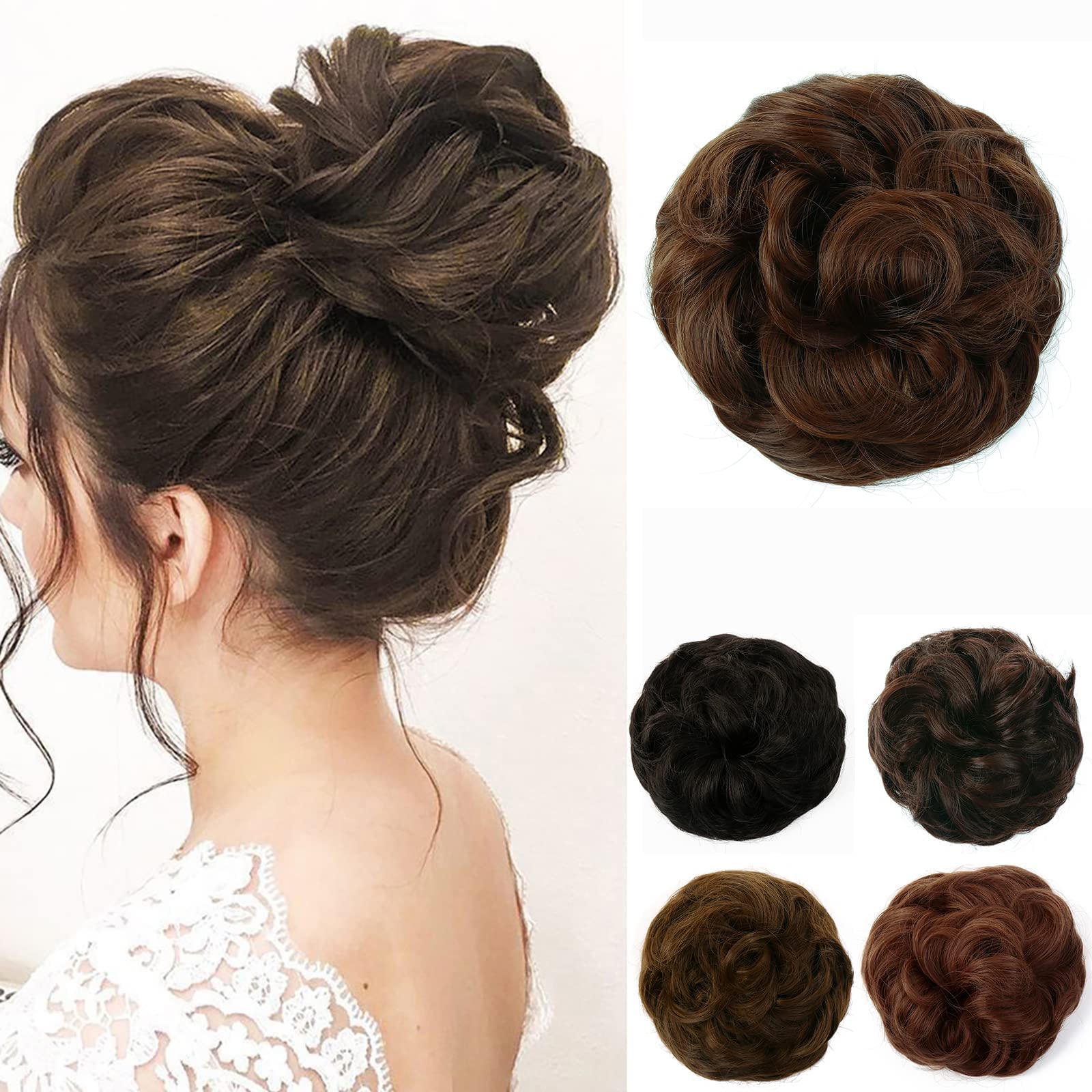 JJstar Messy Hair Bun Curly Wavy Hair Scrunchies Accessories Pieces for Women Girls Synthetic Chignons (Medium Brown)