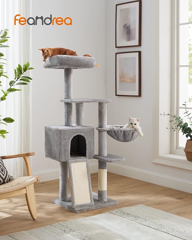 Pequena árvore para gatos, 135 cm, condomínio de peluche de vários níveis, com cobertura de plataforma removível e lavável, costas para arranhar, cesto, caverna, cinzento claro