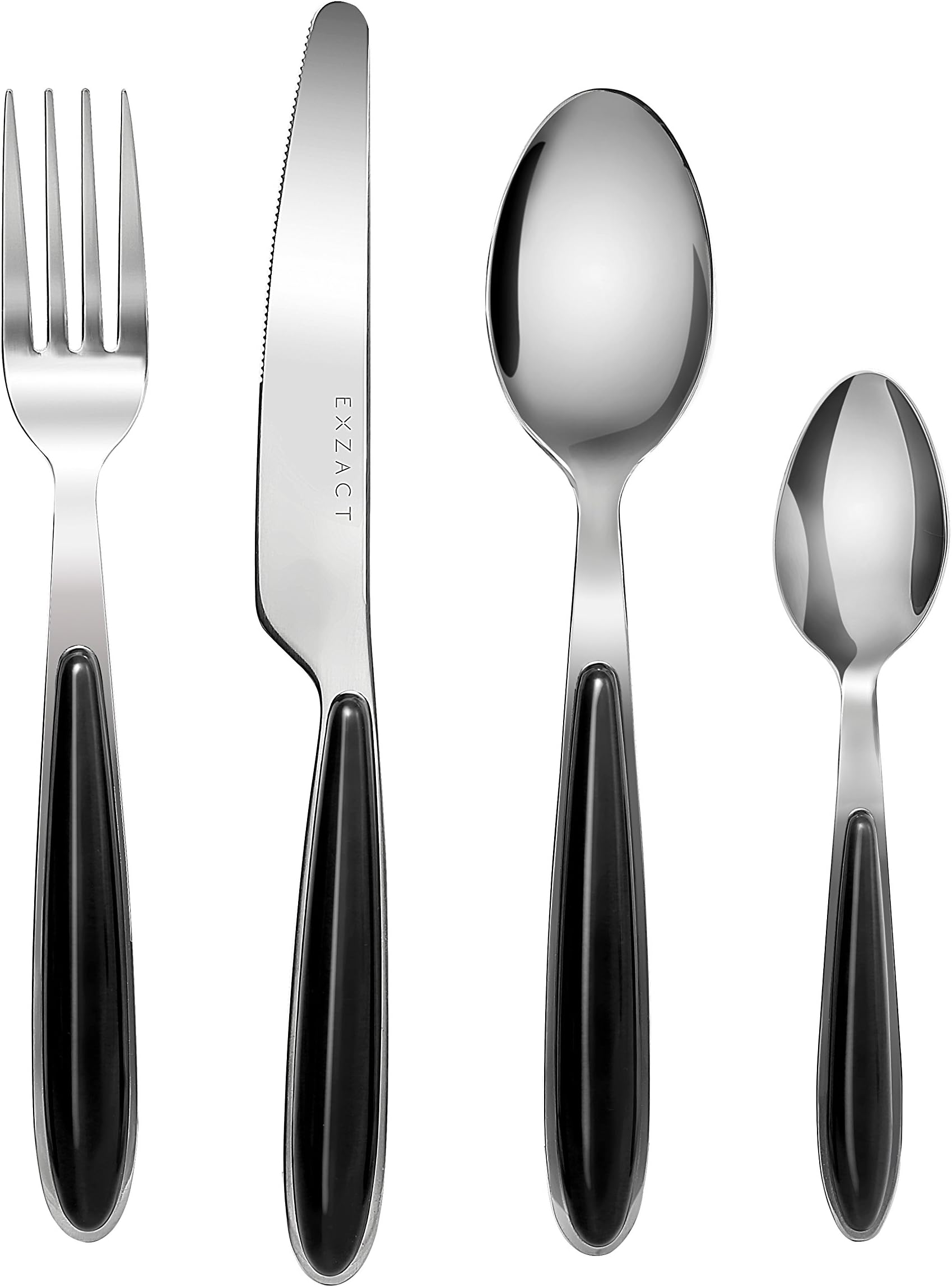 ExzactCutlery Set of 24, Stainless Steel with Color Handles - 6 Forks, 6 Dinner Knives, 6 Dinner Spoons, 6 Teaspoons - EX07 (Black x 24)