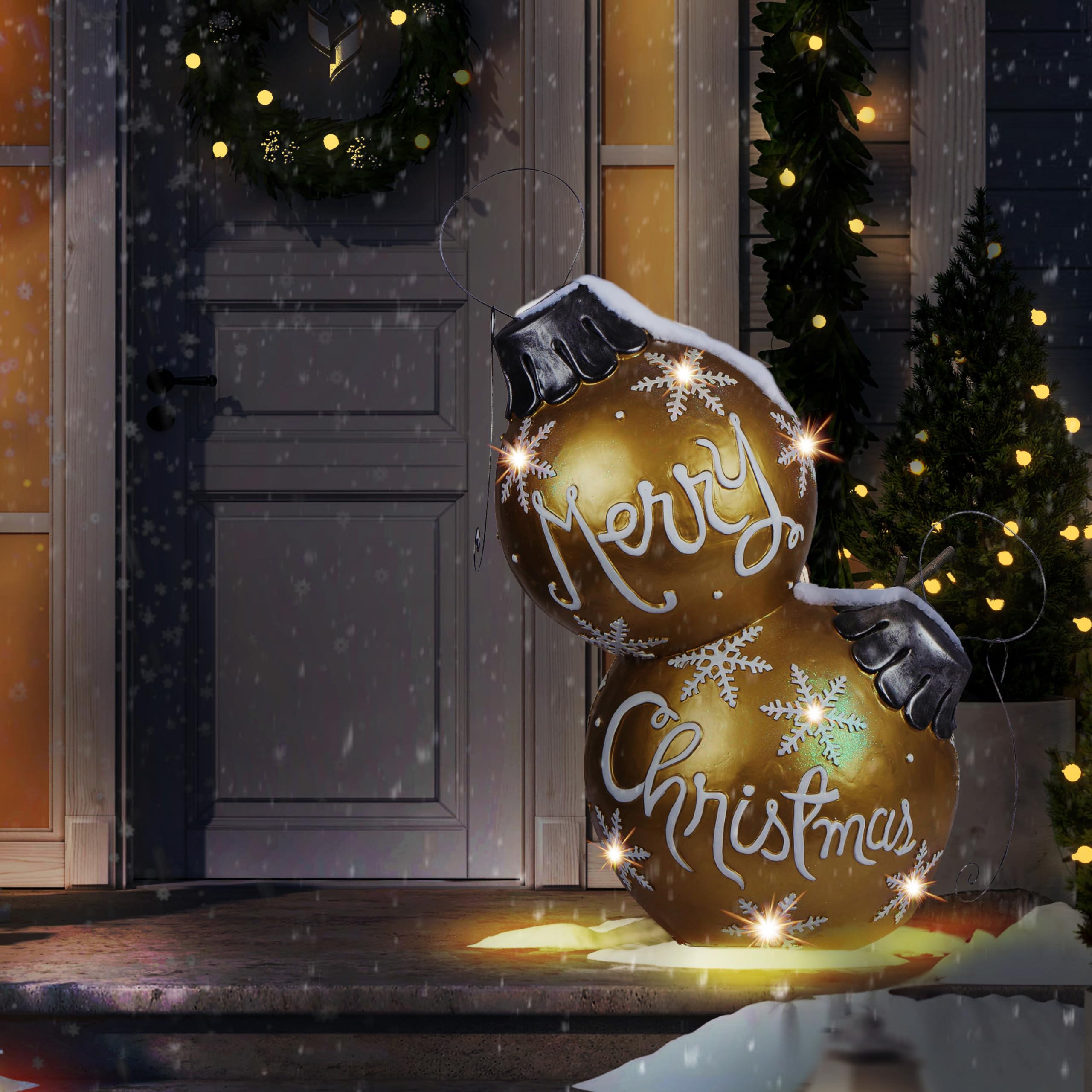 Photo 1 of ***MINOR DAMAGE*** Alpine Corporation 48" Tall Merry Christmas Ornament Stack with 8 Warm White LED Lights & Timer, Indoor/Outdoor Light-Up Hanging Holiday Decoration, Gold