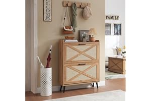 Barnyatoh Shoe Storage Cabinet, Boho Shoe Organizer with 2 Flip Drawers & Rattan Design,Farmhouse Freestanding Hidden Slim Narrow Shoe Rack Cabinet for Entryway, Foyer,Hallway, Natural