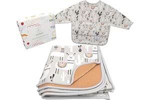 BABYBOET Splat Mat for Baby – Under High Chair Floor Mat Protects Wood, Vinyl and Carpet from Spills – Waterproof 4 Layer Baby Mat Bundle with Waterproof Matching Smock (51” x 51”)