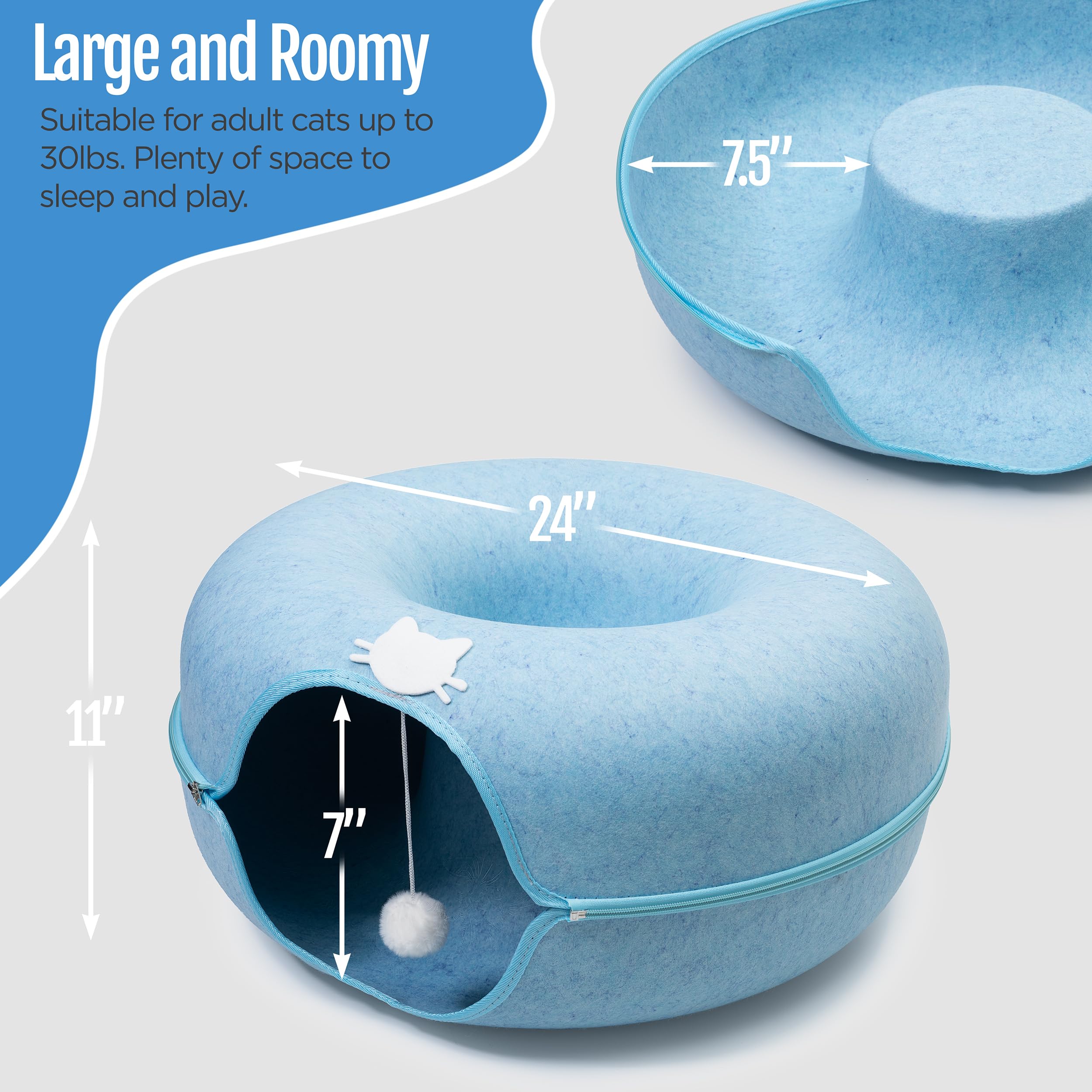 Condition photo showing New/Like New for large cat cave bed for indoor cats, cat donut tunnel bed with peekaboo hideaway, hanging toy ball & 