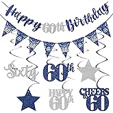 Blue Silver 60th Birthday Decorations for Men Women, Happy 60th Birthday Banner Stars Sixty Hanging Swirls Cheers to 60 Bday Decor Party Supplies Sign