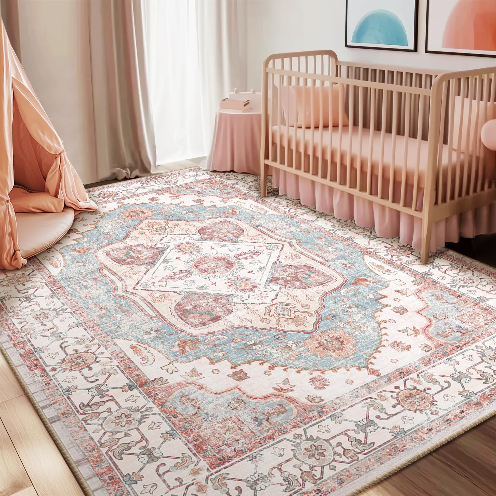 Photo 1 of RELEANY 5x7 Area Rug Vintage Machine Washable Low Pile Carpet No Shedding Area Rugs for Living Room Bedroom Dining Room Kitchen Entryway Hallway Office Indoor-Pink/Blue/Red/Orange