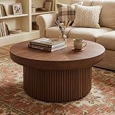 33.5" Round Wood Coffee Table with Cylindrical Base &amp; Thickened Tabletop | Mid Century Modern Circle Coffee Table with Parquet Pattern, Center Table Tea Table for Living Room Apartment