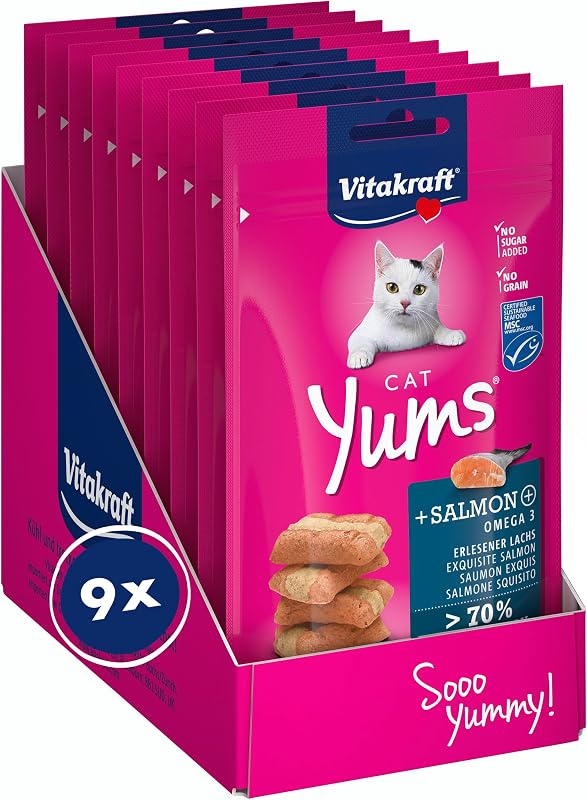 Cat Yums, Katzensnack, mit Lachs, extra fleischig, mit sichtbarer Füllung, unterstützen Haut und Fell, in Vorratsgröße, im wiederverschließbaren Beutel (9x 40g)