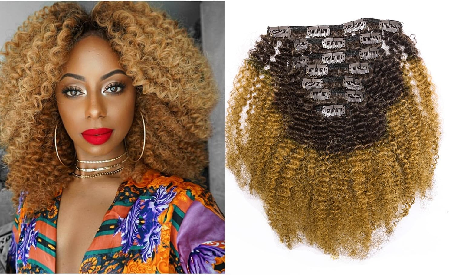 Ombre Remy Clip in Human Hair Extensions Afro Kinky Curly 3C 4A 4B 100% Natural Black Hair Extensions 10-22 inch Two Tone T#1B/27 Strawberry Blonde Full Head (14 inch, Ombre #1B/27 AC)