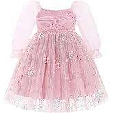 AWIBMK Kids Baby Girls Mesh Long Sleeve Birthday Princess Tulle Tutu Dress Square Neck Smocked Back Wedding Party Dress Pink Sequins Snowflake 3-4 Years