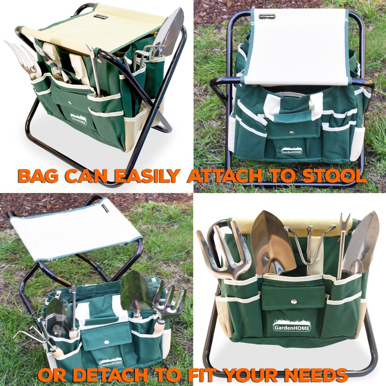 Heavy Duty Folding Stool w/ 7 Piece Garden Tool Set and 5 Stainless ...