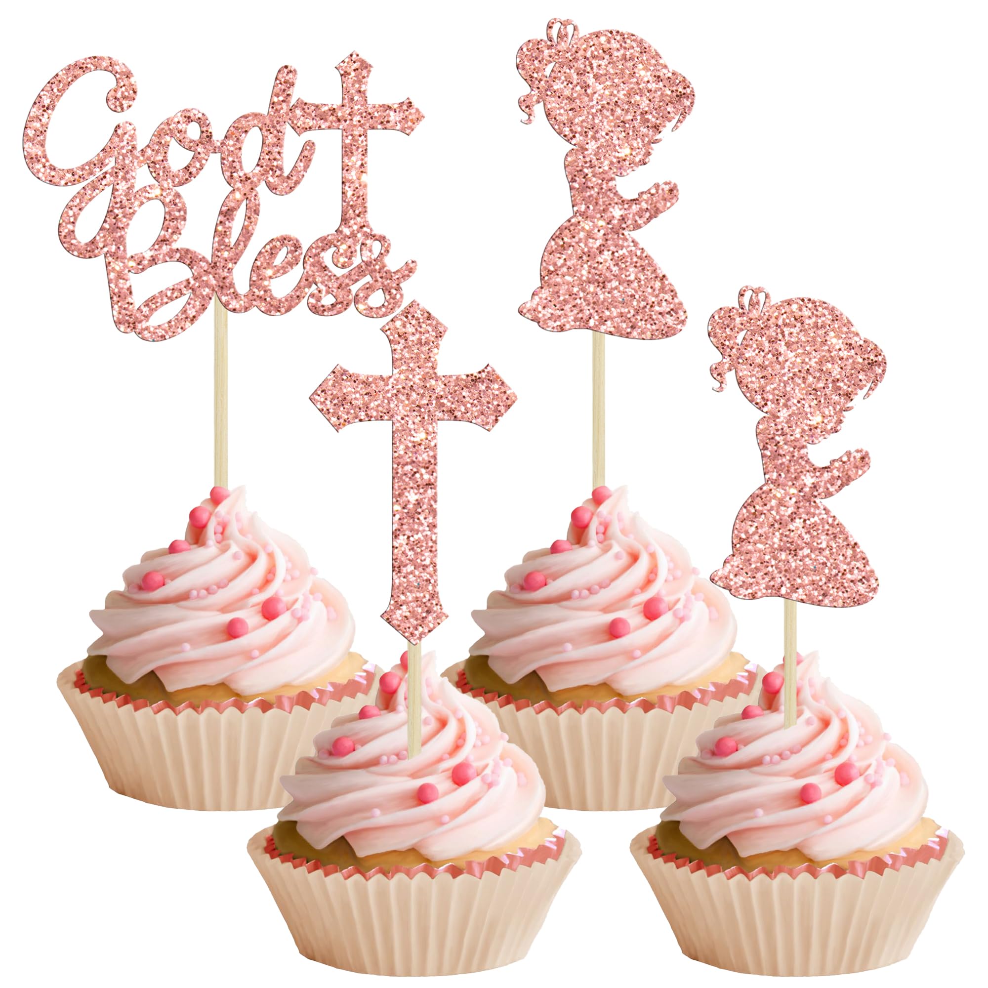 Gyufise 24Pcs Rose Gold Glitter Girl God Bless and Baptism Cupcake Toppers Cross Babyshower Cupcake Picks First Communion Christian Baptism Theme Party Cake Decorations Supplies