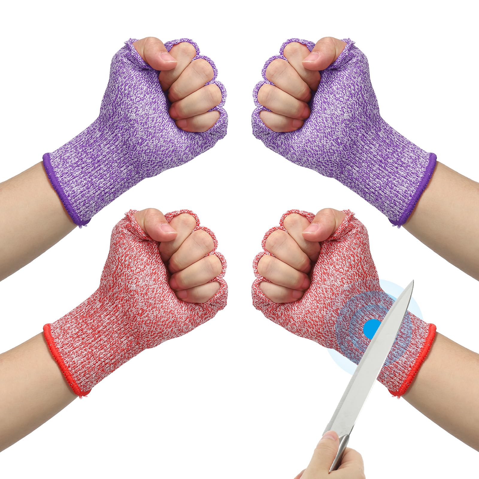 PATIKIL 8 Inch Cut Resistant Sleeves with Finger Grips, 2 Pair Forearm Protective Sleeves Level 5 Protection Arm Safety Protectors Sleeves for Thin Skin and Bruising, Purple/Red