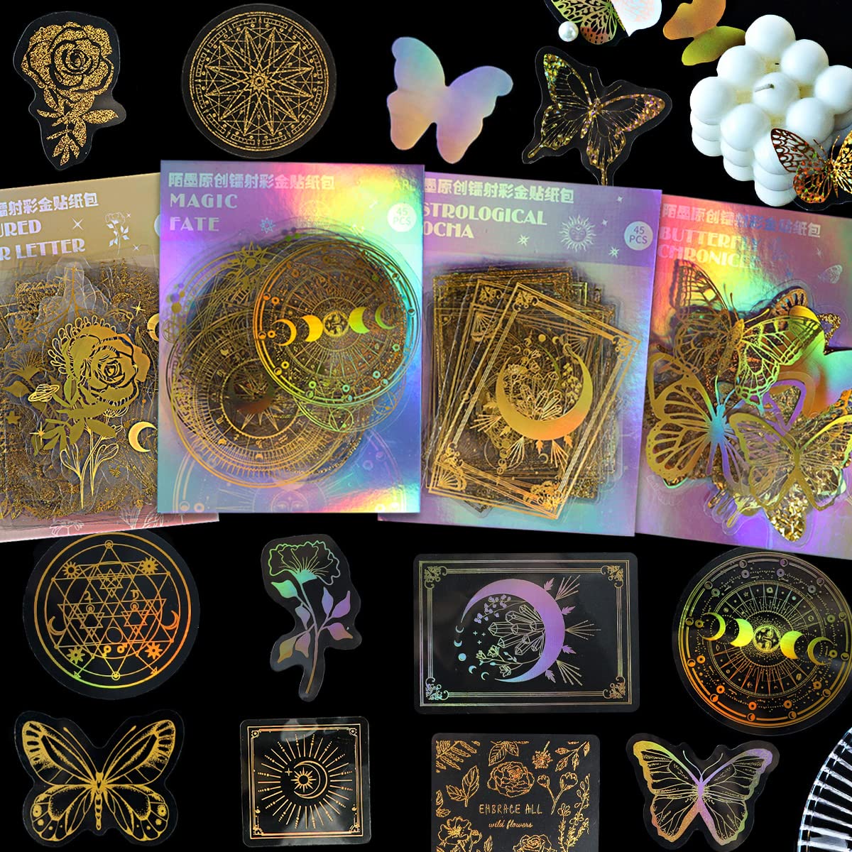 Photo 1 of 180 Pcs Holographic Gold Foil Vinyl Transparent Waterproof Stickers Set - Butterfly, Flower, Vintage Letter Resin for Journaling, Scrapbook, Planner, Laptop, Water Bottles (4 Themes)