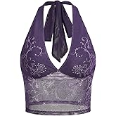COZYEASE Women's Y2K Sheer Mesh Tie Back Halter Top Floral Print Rhinestone Cami Tops Backless Crop Tee