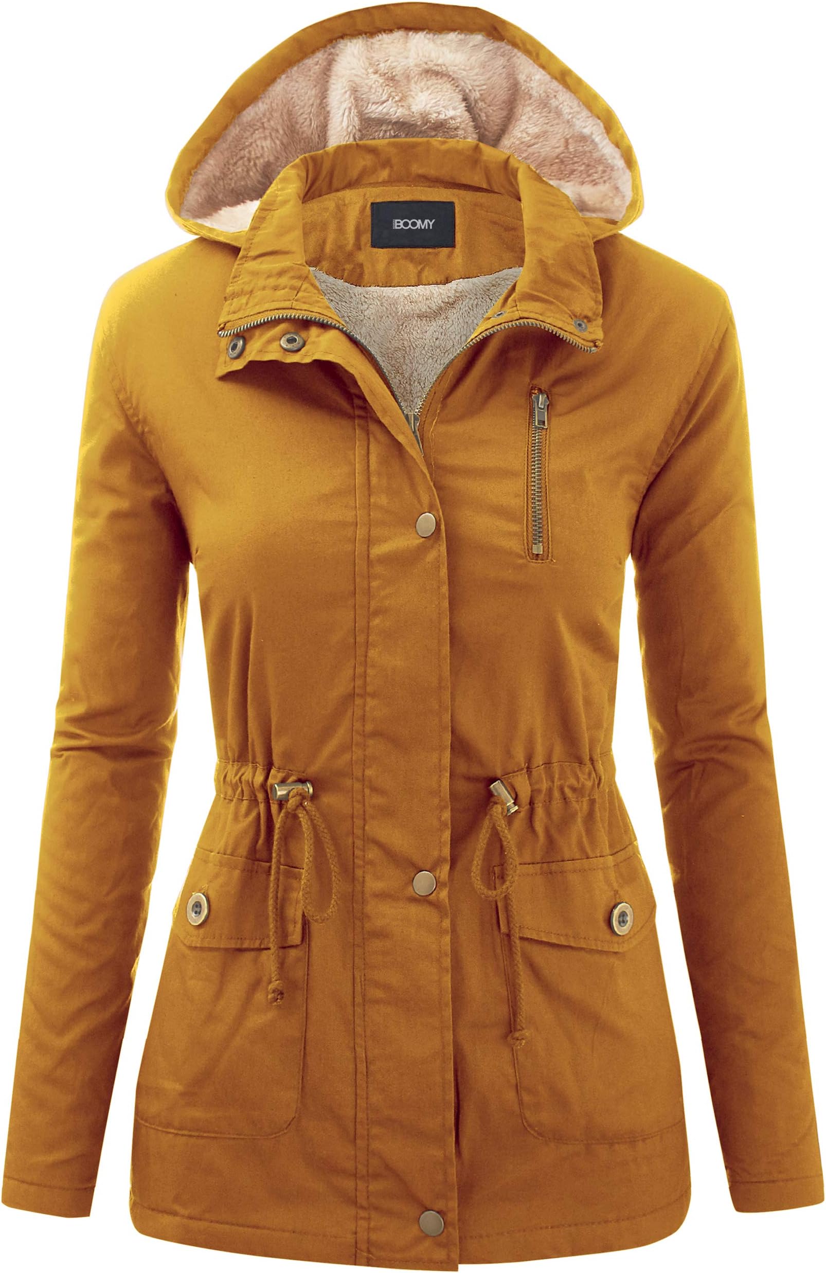FASHION BOOMY Women's Zip Up Safari Military Anorak Jacket with Hood Drawstring - Regular and Plus Sizes