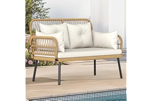 DWVO Outdoor Loveseat, Patio Wicker Furniture Set with Cushion & Adjustable Feet, Patio Couch for Garden, Balcony, and Porch, Beige