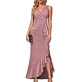 BeryLove Sequin Formal Wedding Guest Prom Cocktail Party Long Ruffle Dresses Sparkly Evening Mother of The Bride Dress