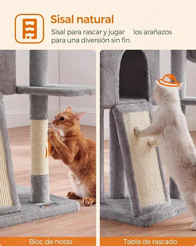 Pequena árvore para gatos, 135 cm, condomínio de peluche de vários níveis, com cobertura de plataforma removível e lavável, costas para arranhar, cesto, caverna, cinzento claro