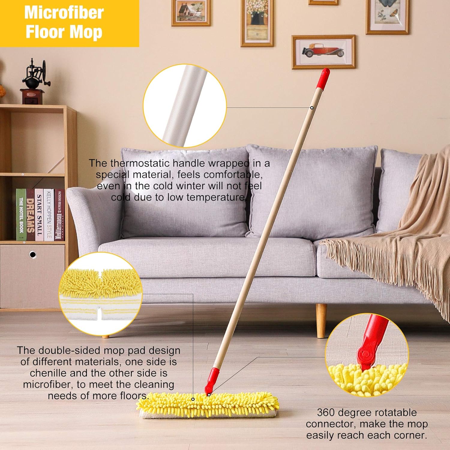 AKOMA Dry and Wet Mop Two Sided Dust Mop for Floor Cleaning Microfiber Hardwood Floor Tile Mop 360 Flip with 2 Washable Mop Pads for Home,Office,Bathroom,Yellow: Health & Personal Care