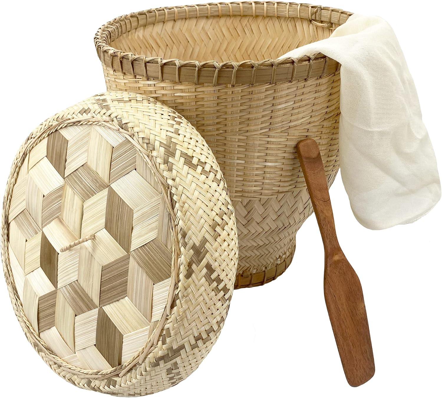 Panwa Handmade 100% Natural Thai Bamboo Sticky Rice “Professional Steamer Basket Set” Large, 11 inch Restaurant Grade, Wicker Woven Lid 24’’ Cheesecloth Filter, and Wooden Spoon