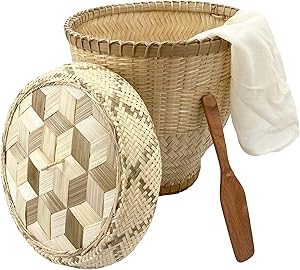 Panwa Handmade 100% Natural Thai Bamboo Sticky Rice “Professional Steamer Basket Set” Large, 11 inch Restaurant Grade, Wicker Woven Lid 24’’ Cheesecloth Filter, and Wooden Spoon