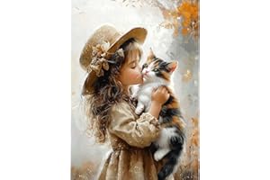 KEYIFA Diamond Art Kits for Adults, Girl Kissing Cat, DIY Diamond Painting, Round Full Drill, 5D Crystal Embroidery Mosaic Pi