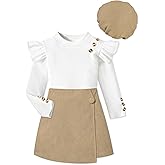 MIGU Girls Clothes Ruffle Long Sleeve Round Neck Button Top Skirt Short Beret Fall Outfit 3 Piece Skirt Set