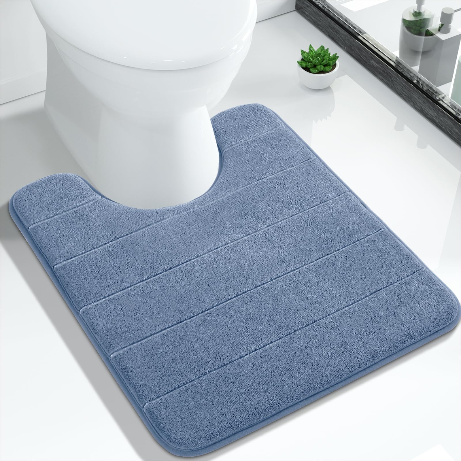 Yimobra Bath Toilet Mat 51 x 61 cm, Non-Slip Memory Foam U-Shaped Contour Rug, Soft Comfortable Bathroom Shower Mats, Super Water Absorption, Machine Wash, Easier to Dry for Bath Floor Rug, Denim Blue