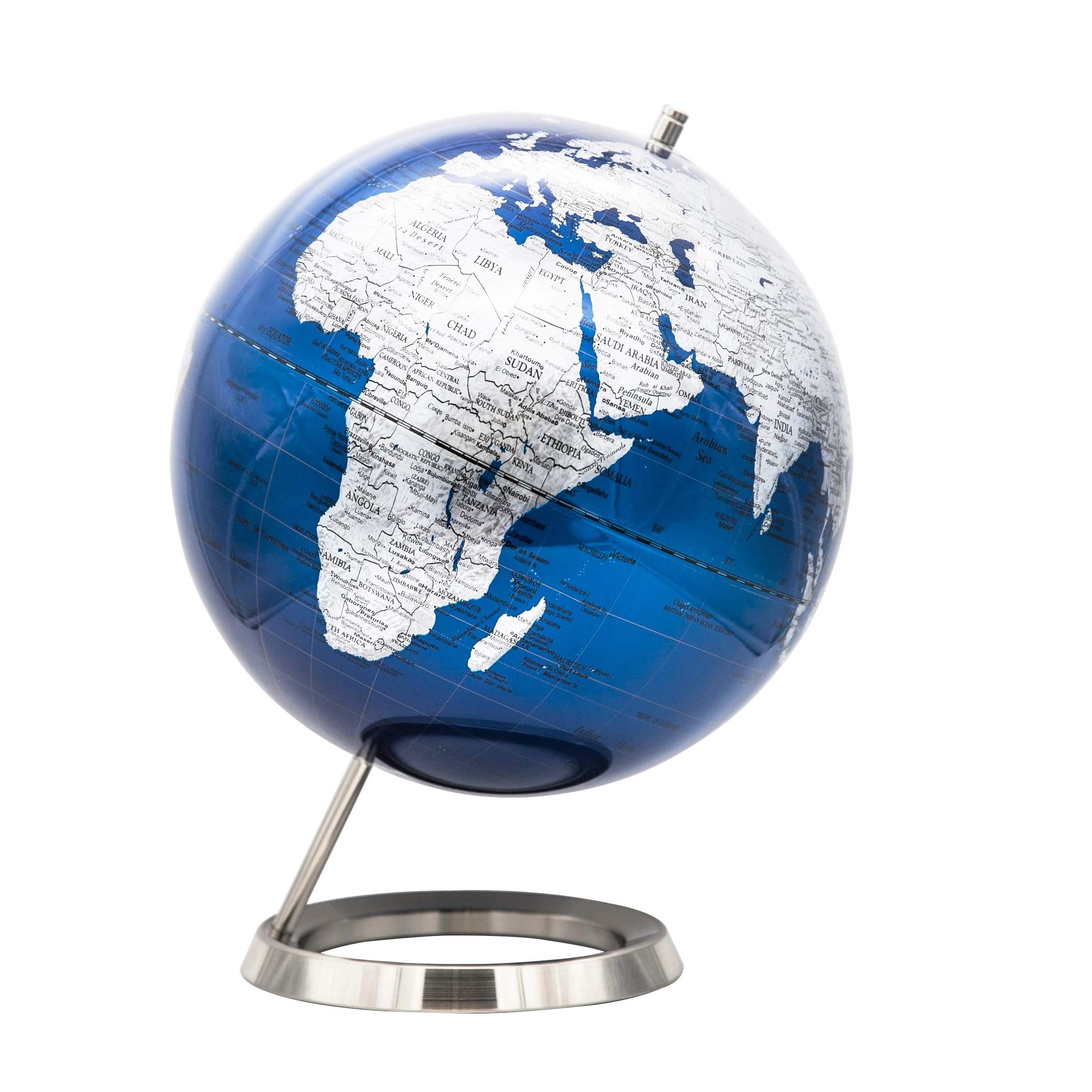 EXERZ 30CM World Globe, Metallic Blue with Stainless Steel Ring Base, Ideal for Gifting and Decoration
