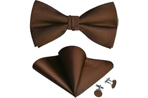 GUSLESON Mens Solid Color Jacquard Woven Adjustable Pre-tied Bow Tie and Pocket Square Cufflink Set with Gift Box