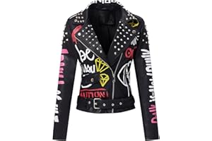 RISISSIDA Women Faux Leather Jacket Studded Rivet Spring Fall Fashion, Hip-Length Moto Biker Trendy Clothes Streetwear Belted