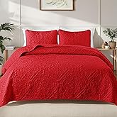Exclusivo Mezcla Quilt Set Oversized King Size with 2 Pillow Shams, Lightweight Red Quilts with Vintage Damask Pattern, Soft Cal King Bedspreads Coverlets Bedding Set for All Seasons