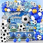 Soccer Birthday Party Decorations, All-in-1 Supplies Pack, Includes Plates and Napkins, Backdrop, Tablecloth, Balloon Kit for Blue Soccer Theme Party Decorations