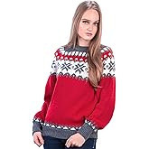INTI ALPACA Women's Fair Isle Knit Sweater, Red with Gray Nordic Pattern, Handcrafted Peruvian Alpaca Wool