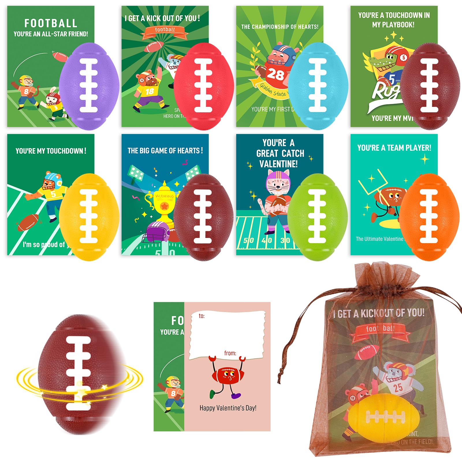 Photo 1 of 24 PCS Valentines Day Cards for Kids School with Mini Football Fidget Spinner Party Favors,Exchange Cards for Boys Girls Classroom Prizes Return Gifts for Kids Birthday Party Favors.