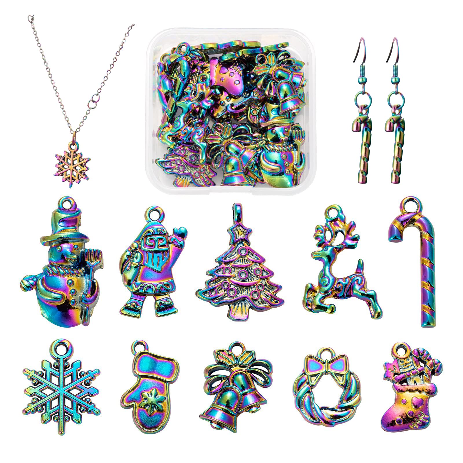 COGCHARGER COARGER 20 Pcs 10 Styles Christmas Pendant Rainbow Color Multicolor Christmas Tree Santa Claus Bell Snowflake Snowman Reindeer Charms Pendant for Jewellery Necklace Earring Making