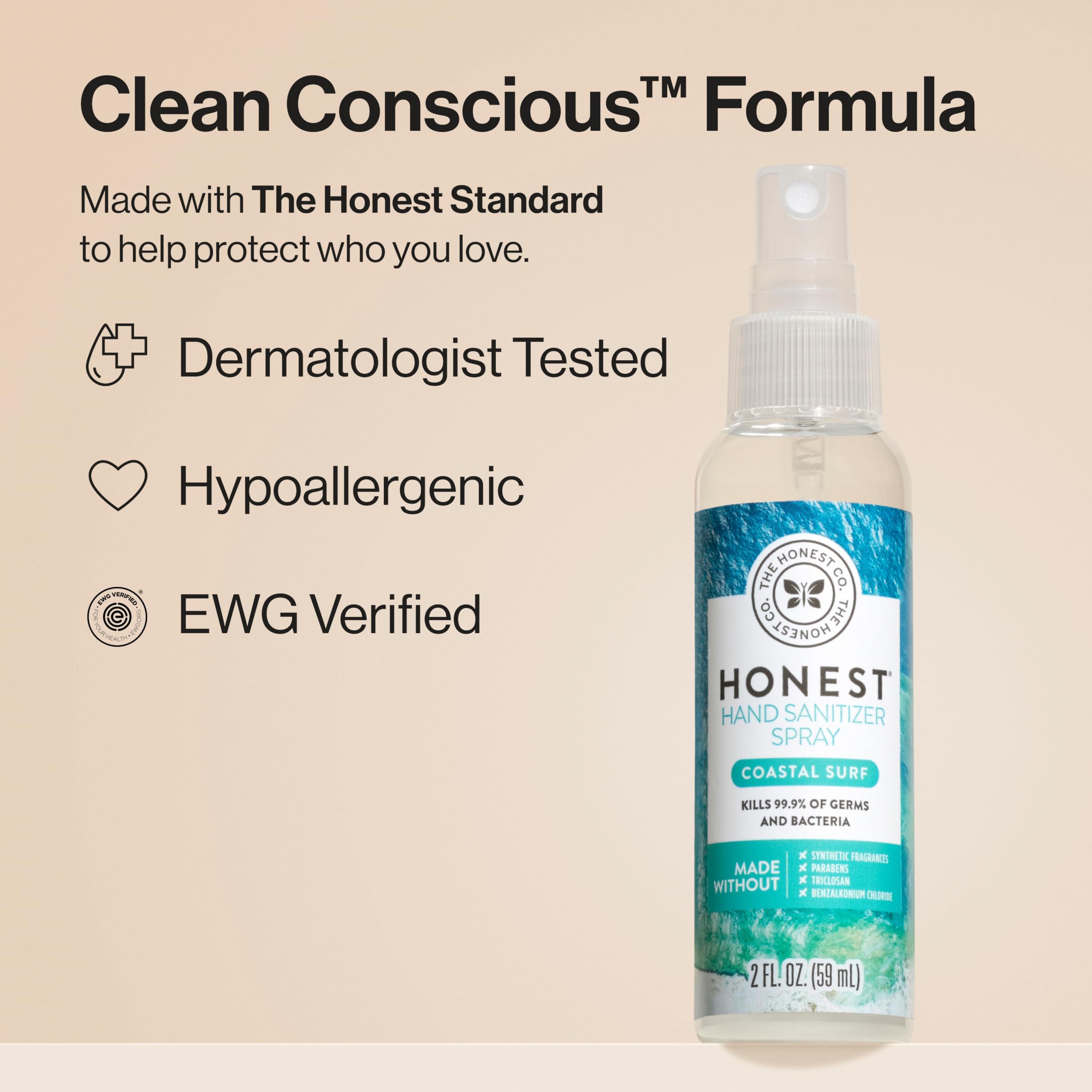 The Honest Company Plant-Based Hand Sanitizer Spray | Kills 99.9% of Germs | Hypoallergenic, Quick-drying + Moisturizing | Coastal Surf, 2 fl oz