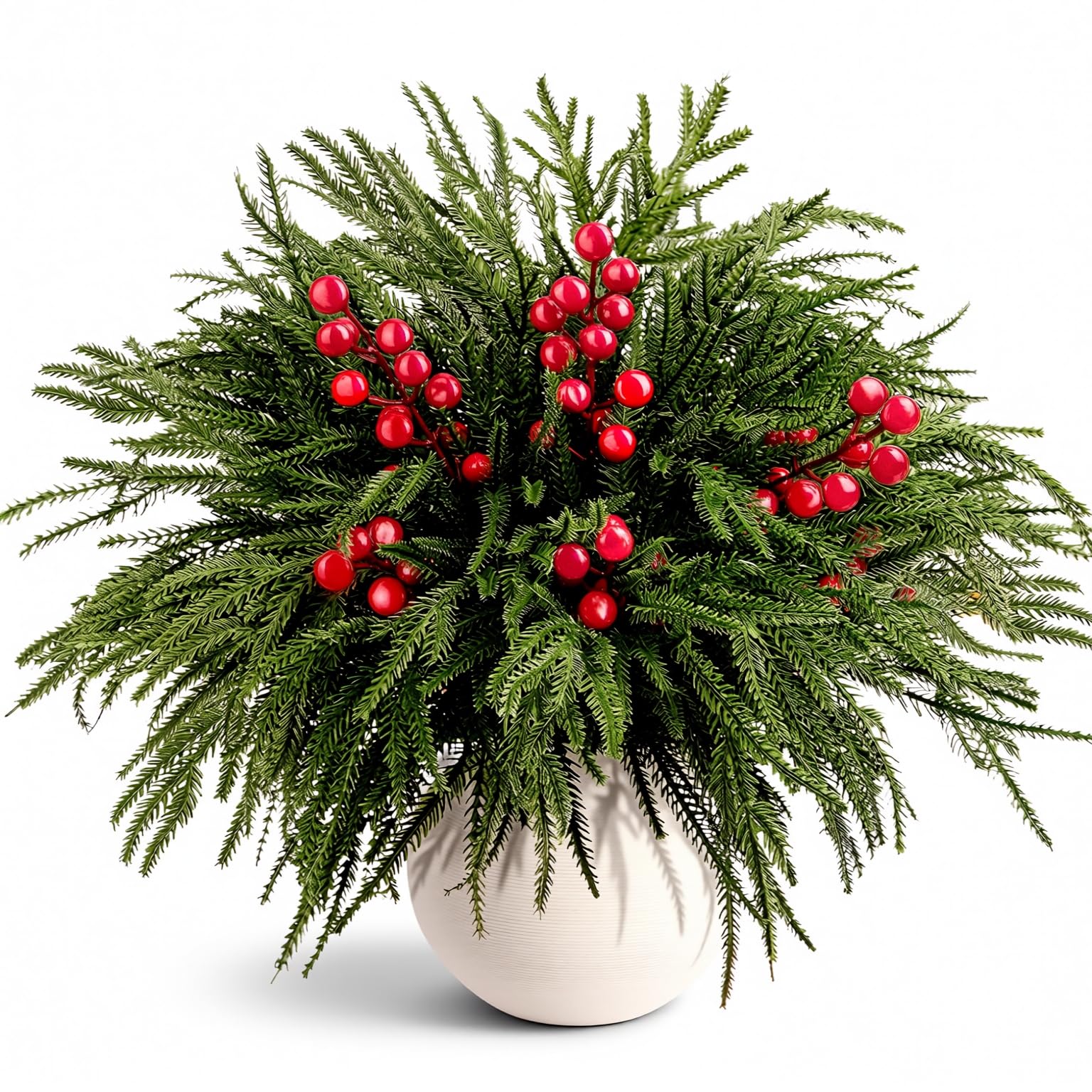 Photo 1 of 24Pcs Real Touch Christmas Norfolk Pine Stems, 18'' Artificial Christmas Greenery Stems Norfolk Pine Branches Red Berry, Faux Pines Picks for Vase DIY Garland Wreath Indoor Outdoor Home Xmas Decor