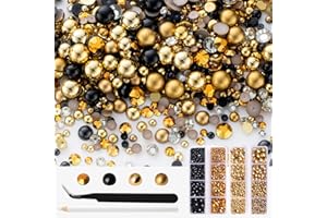 MEIBITE 3929Pcs Black Gold Pearls Rhinestones for Crafts Mixed Size 3mm-8mm AB Color Round Half Pearls Flatback Pearl Beads and Resin Rhinestones Set for Face Art