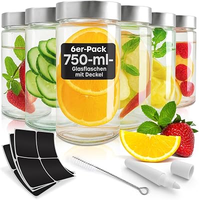 Tarros de Cristal con Tapa - Pack de 6 Botellas de 750 ml para Batidos con Tapa de Metal, Cepillo de Limpieza, Etiquetas y Bolígrafo - Tarro de Vidrio a Prueba de Fugas para Batidos