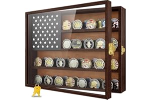 YOPETOX Military Challenge Coin Display Case 16 x 12 in, Wooden American Flag Shadow Box with Anti-Dust UHD Acrylic Door, Gold-Antitheft Lock & Wall Mount, Gift for Collectors (Charcoal Brown Large)