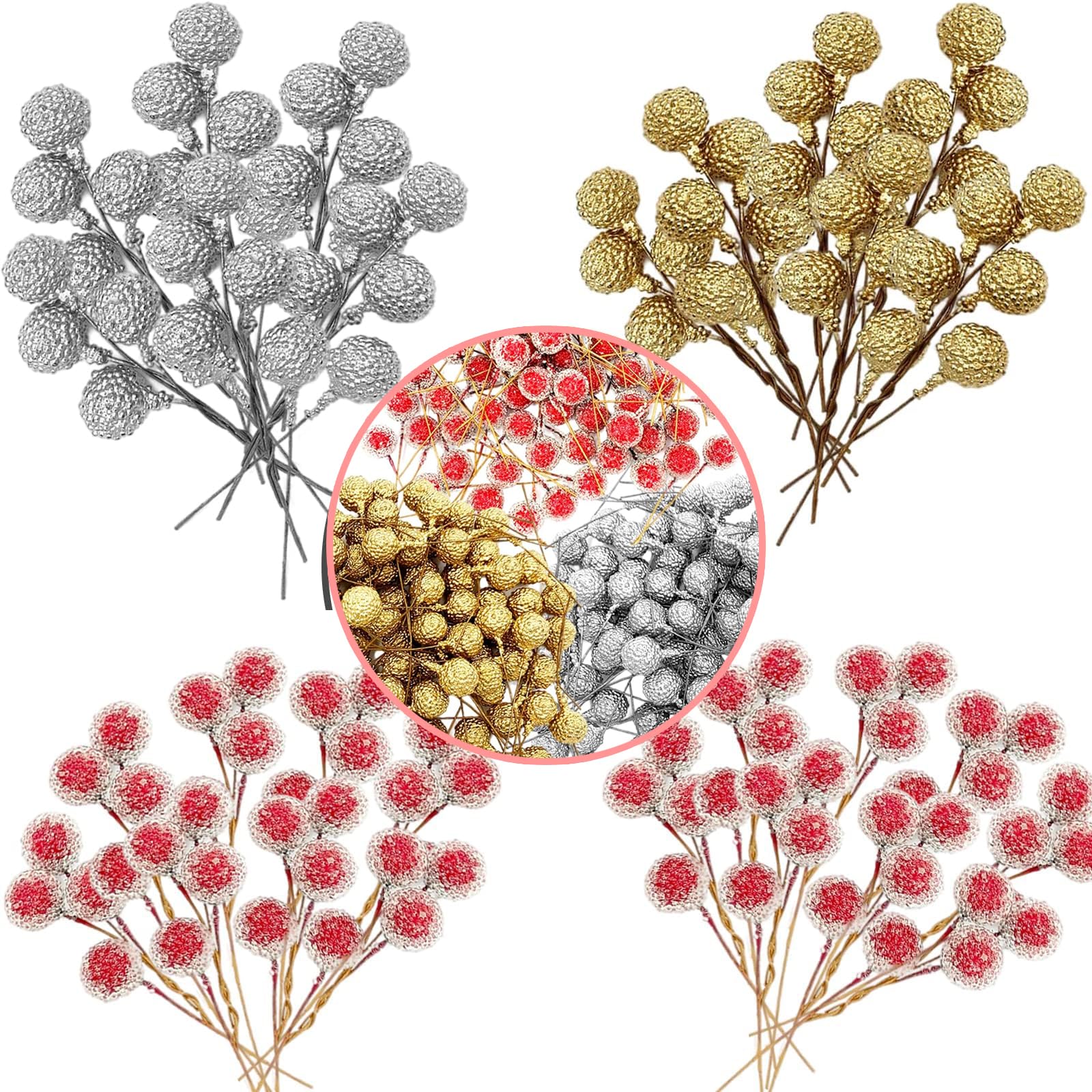 POPOYU 100pcs Christmas Berry Artificial Holly Berries, Artificial Fruits Red BerryPicks Winter Berries Bunch Berry Branches for Xmas Tree Decs,Christmas Wreath Making Decorations Supplies,Multicolor