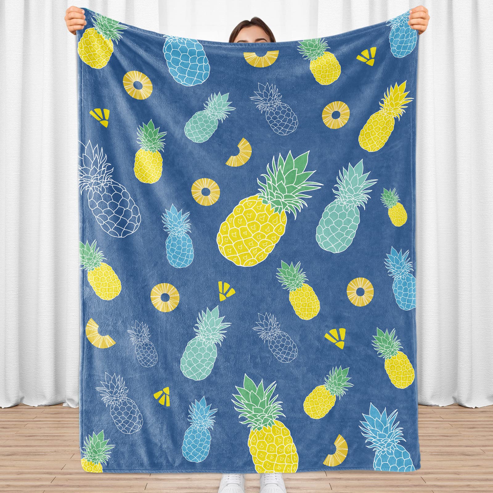 Sowide Pineapple Blanket, Blue and Yellow Throw Blanket for Tropical Fruit Lovers, Soft Flannel Blanket, Cozy Fleece Blankets Bedding Gifts , , Couch, Bed, Living Room, 50''x60'', 130x152cm