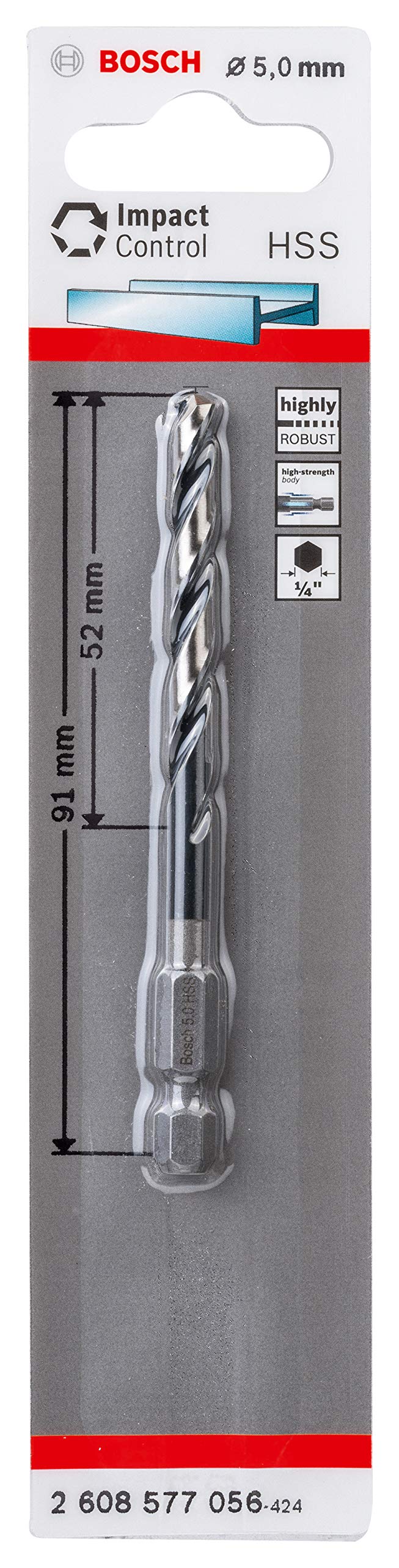 Bosch Accessories Impact Control HSS Twist Drill Bit (for metal, 5 x 52 x 91 mm, accessories for impact drills)
