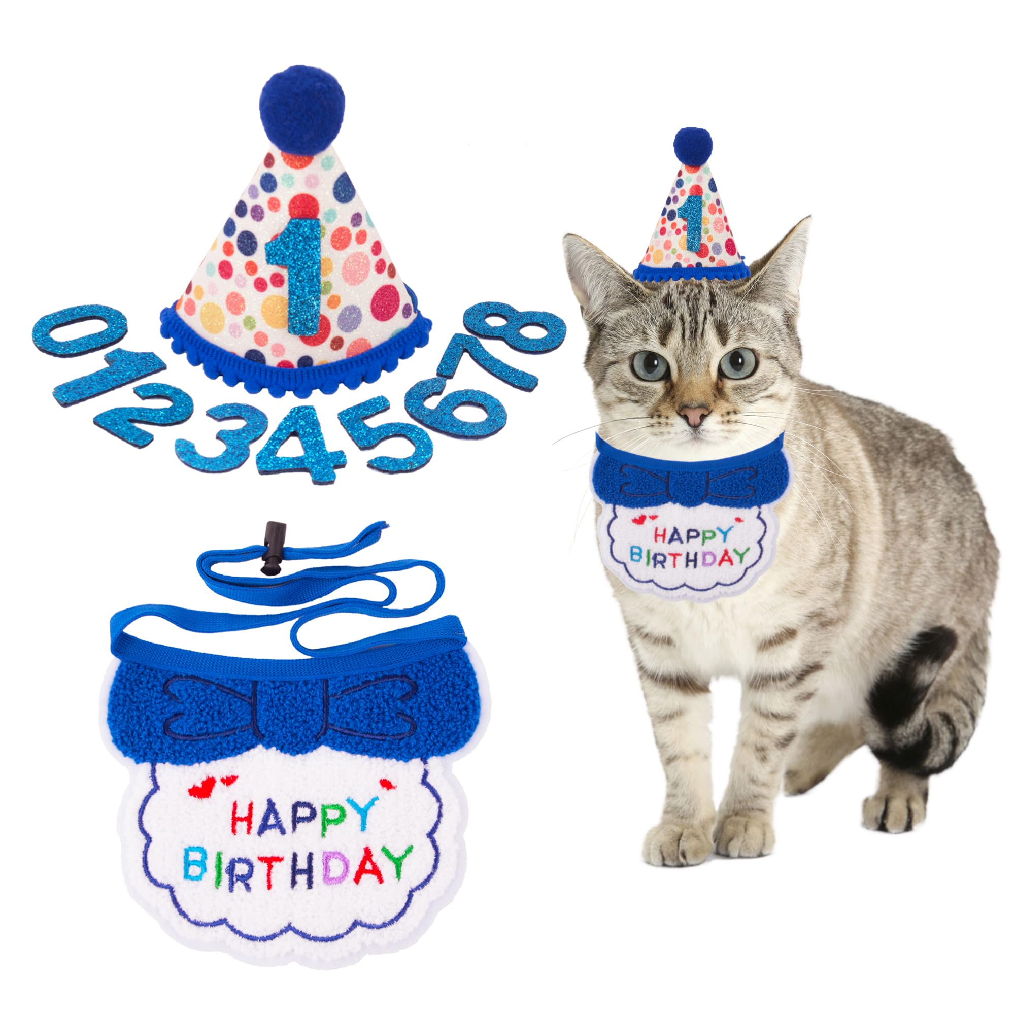 Photo 1 of ADOGGYGO Cat Birthday Party Supplies, Blue Boy Cat Kitten Birthday Bandana Hat Numbers Pet Birthday Decorations Outfits