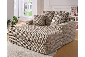 VanAcc 53 Inch Chaise Lounge Indoor, Plush Sleeper Chair with Throw Pillows, Upholstered Sofa Bed with Armrests, Plush Chair Bed for Living Room(Brown)