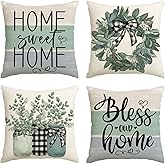 AVOIN colorlife Fall Sweet Home Eucalyptus Lamb Ear Wreath Throw Pillow Covers, 18 x 18 Inch Bless Our Home Buffalo Plaid Cushion Case for Sofa Couch Set of 4