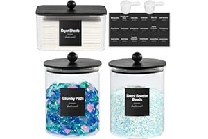 Glass Laundry Pods Container & Acrylic Dryer Sheet Holder with Balck Bamboo Knobs Lids, Scoops & Labels | Premium Laundry Roo
